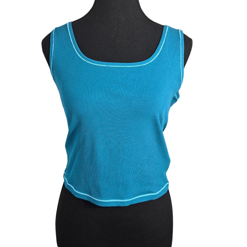 NWT | Caracilia Ribbed Scoop Neck Tank Top | Contrast Stitch | Teal Blue | Large